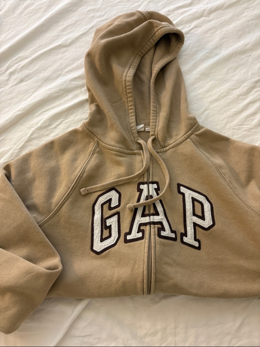GAP Tan Fleece Zip-Up Hoodie with White Appliqué Logo